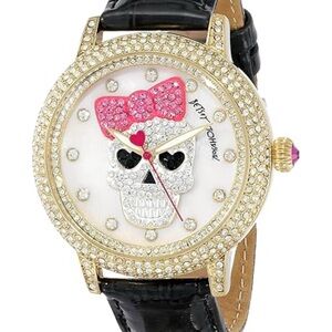 Funky Betsey Johnson Pink and Gold color Crystals Skull watch